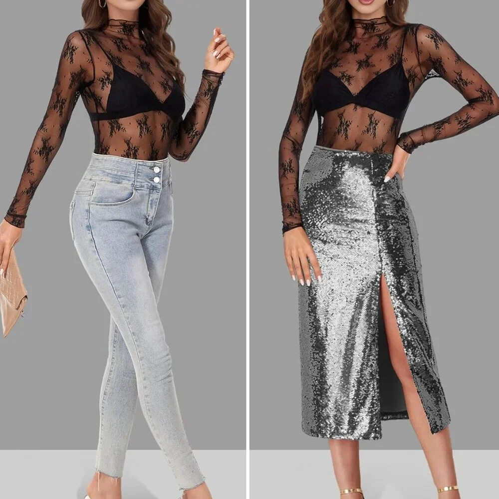Breathable Black Mesh Long Sleeve Top - See-Through Floral Layering Blouse